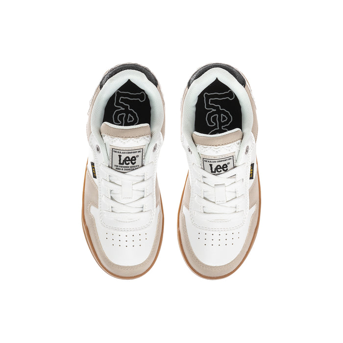 Kids sneakers with black interior lining and Lee logo on tongue; white/tan upper