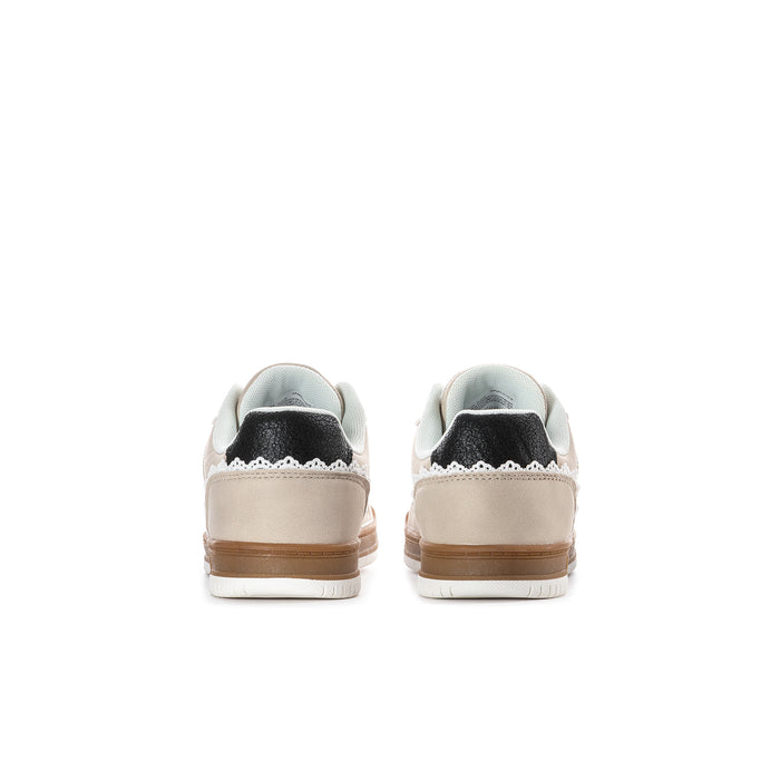 Kids lace-up sneakers, back view with black heel collar and white/tan uppers