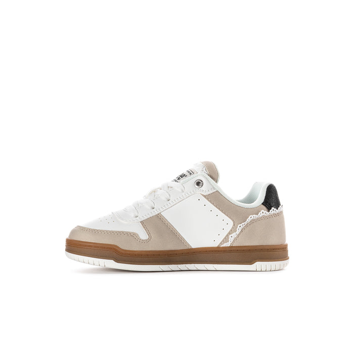 Kids lace-up sneakers, side view in white with tan overlays and black accents