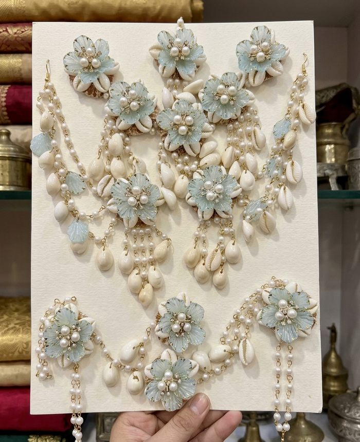 BLUE Handcrafted Pearl and Cowrie Floral Haldi & Mehandi Shells Jewellery Set K128