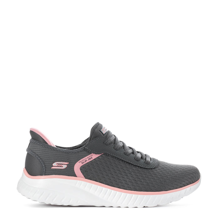 Womens grey mesh slip-in sneakers with pink trim, lace-up, and white cushioned sole