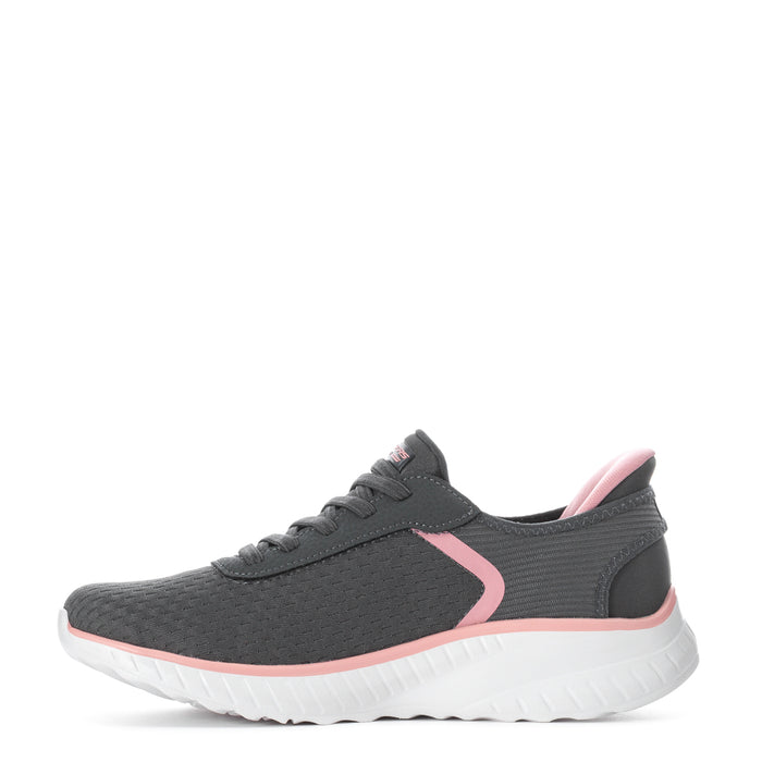 Womens grey lace-up slip-in sneakers with pink side accent and white outsole