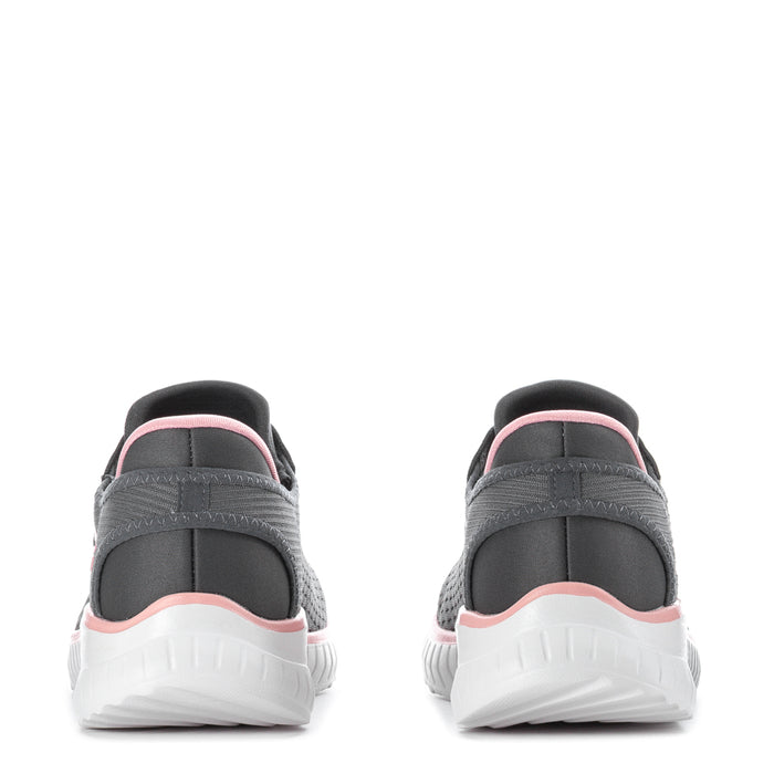 Womens grey slip-in sneakers with pink collar and white heel sole