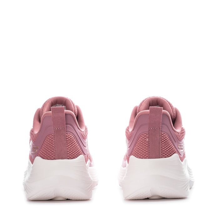 Rose knit lace-up sneakers back view with cushioned white heel