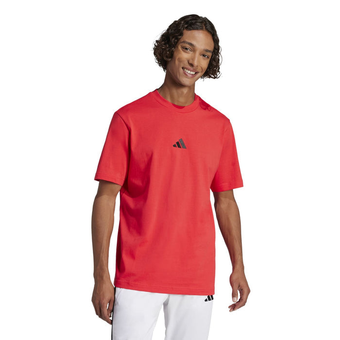 Men's red T-shirt with black chest logo and short sleeves
