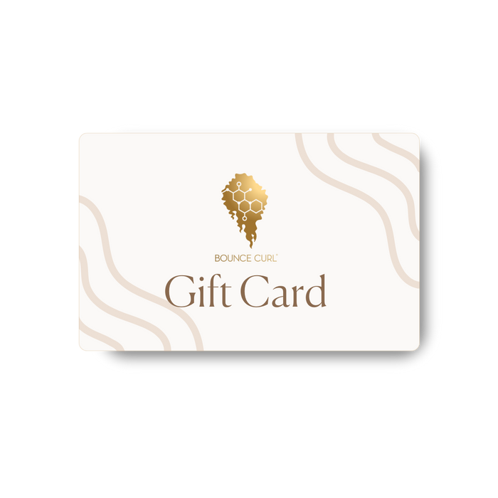 Bounce Curl White and Gold Gift Card on a white background