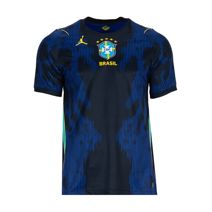 Men's Brazil away soccer jersey in royal blue and black with gold trim and chest crest