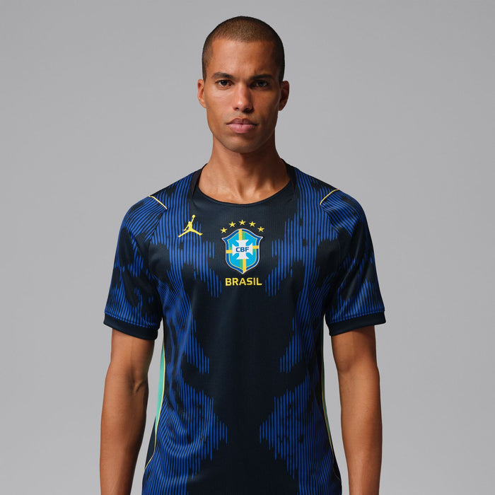 Men's Brazil away soccer jersey, royal blue and black geometric pattern with Brazil crest at chest