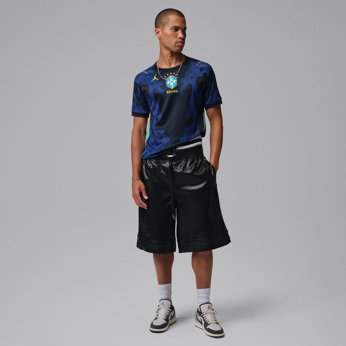 Men's Brazil away soccer jersey with royal blue/black graphic print and Brazil crest