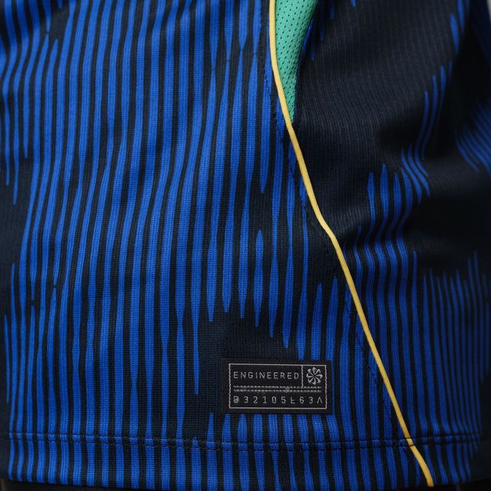 Brazil away soccer jersey back hem with Engineered tag and blue geometric stripe pattern