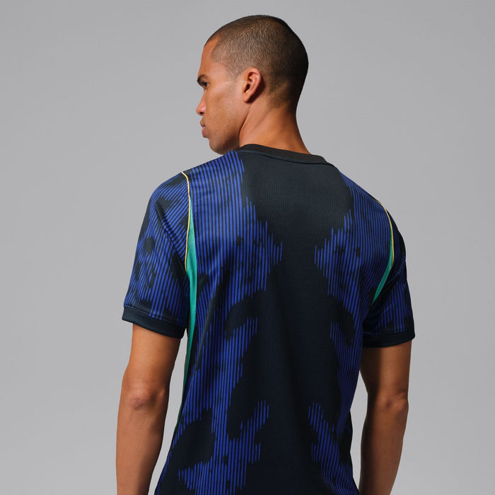 Men's Brazil away soccer jersey back view in royal blue and black with gold piping