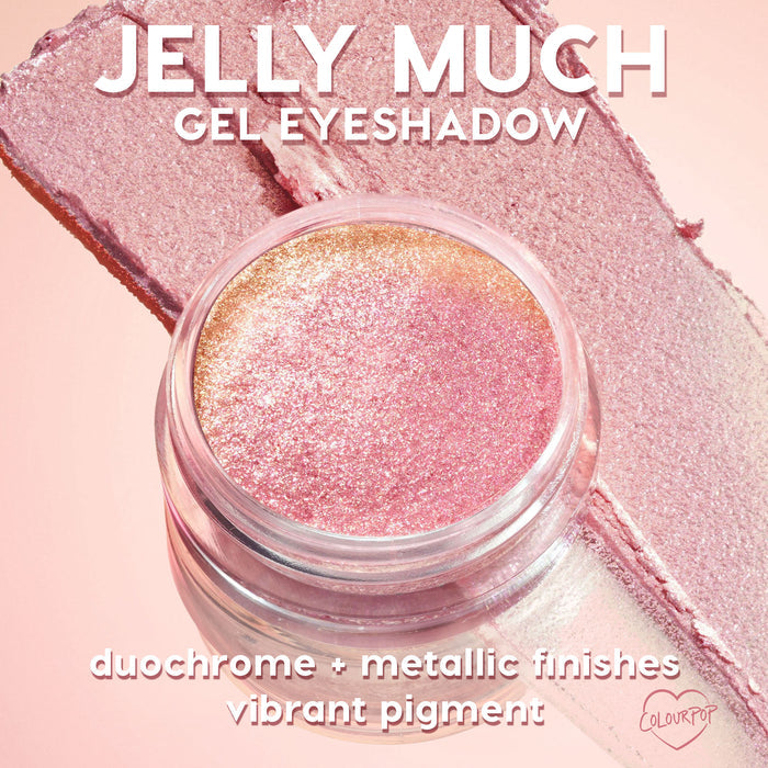 Brentwood ColourPop Jelly Much Shadow displayed in an open pot, gel eyeshadow shifting pink to gold with metallic sparkle, thick swatches beside the jar on a blush backdrop, highlighting vibrant, high-pigment duochrome finish.