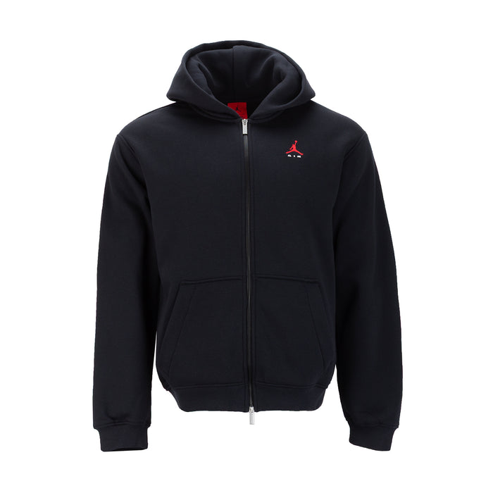 Men's black zip-up hoody with hood, kangaroo pocket, and red logo on chest.