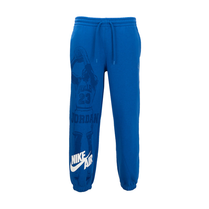 Men's blue cuff jogger pants with front graphic print and elastic waistband drawstring