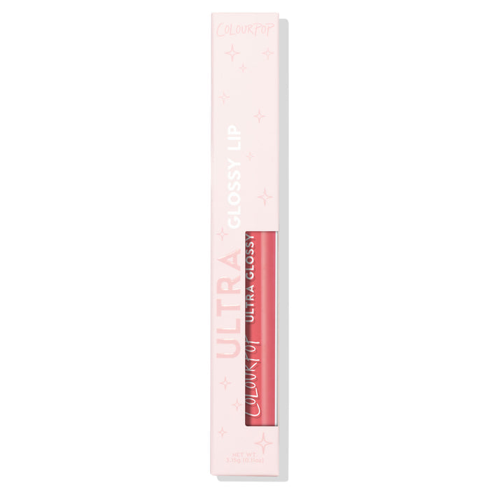 ColourPop Ultra Glossy Lip in Bubblegum standing in a pastel pink box with a clear window, revealing the bubblegum‑pink creme lip gloss tube and ColourPop branding, studio-lit against a white background.