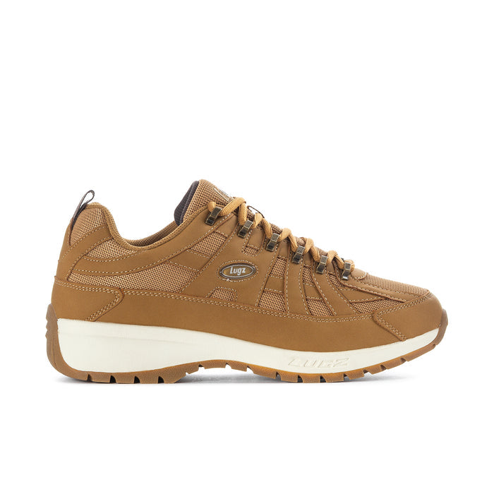 Men's lace-up trail sneaker in wheat tan with white midsole and gum-brown outsole