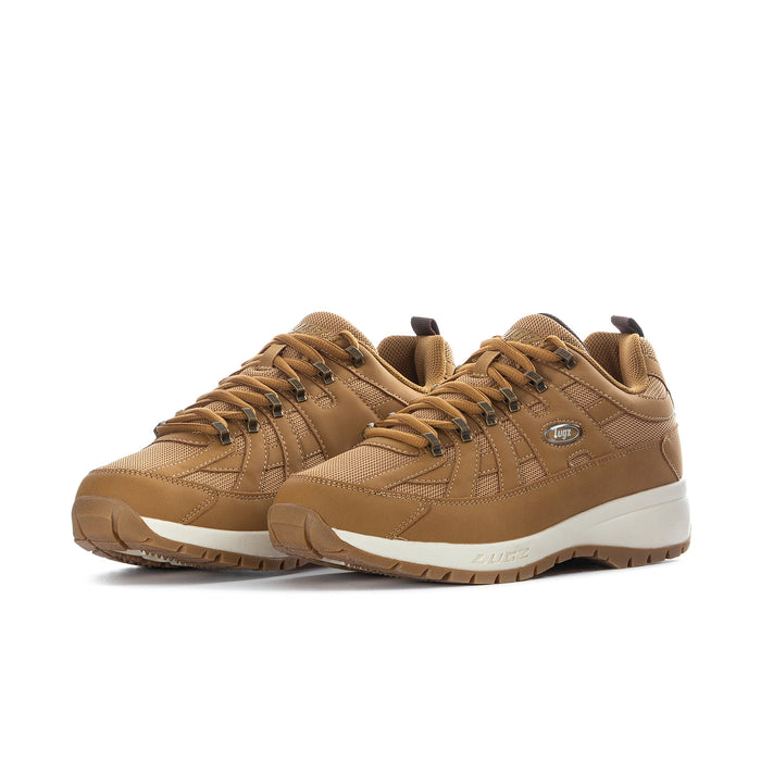 Men's wheat tan lace-up trail sneakers, side-by-side view with white midsole