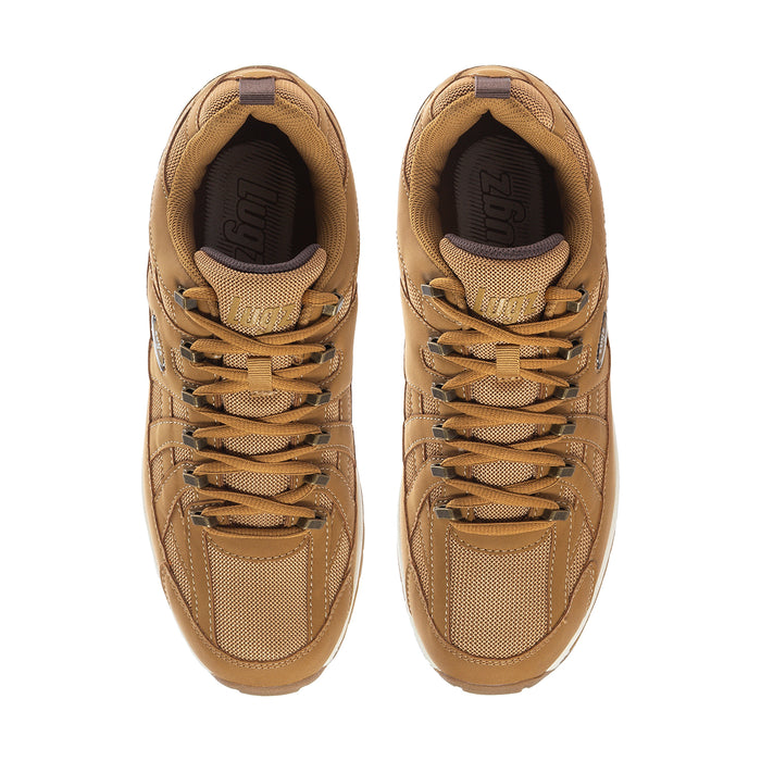 Men's wheat tan lace-up sneakers showing padded tongues and dark interior lining