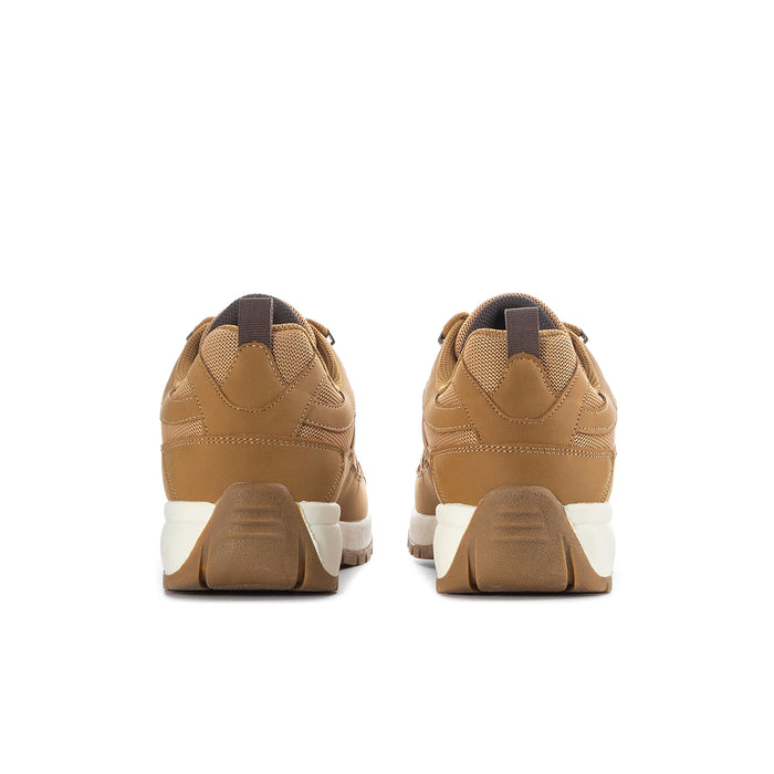 Men's wheat tan sneakers rear view with white heel panel and cushioned back