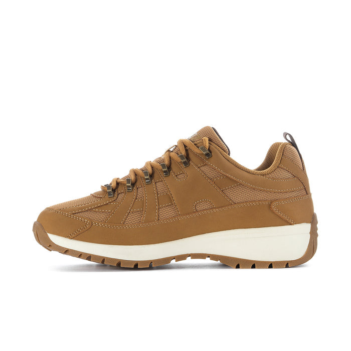 Men's wheat tan lace-up trail sneaker angled view with textured overlays and white sole