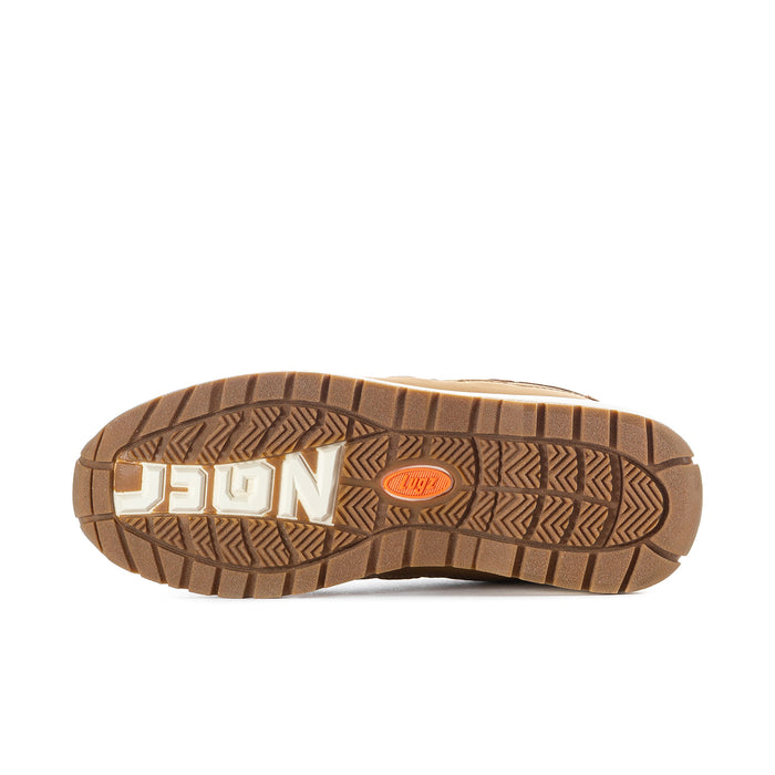 Men's wheat tan outsole with rugged tread and visible logo lettering on the tread