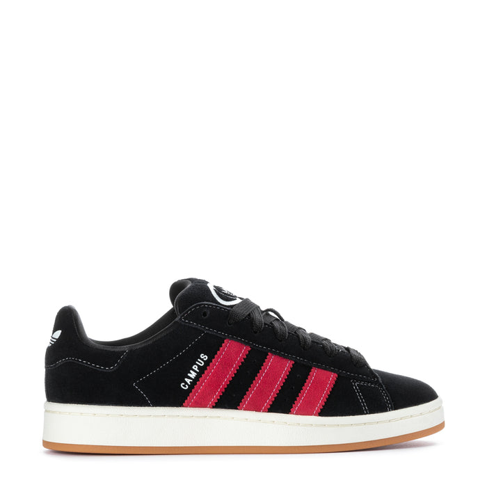Men's low-top sneakers in black with red three-stripe accents and off-white sole