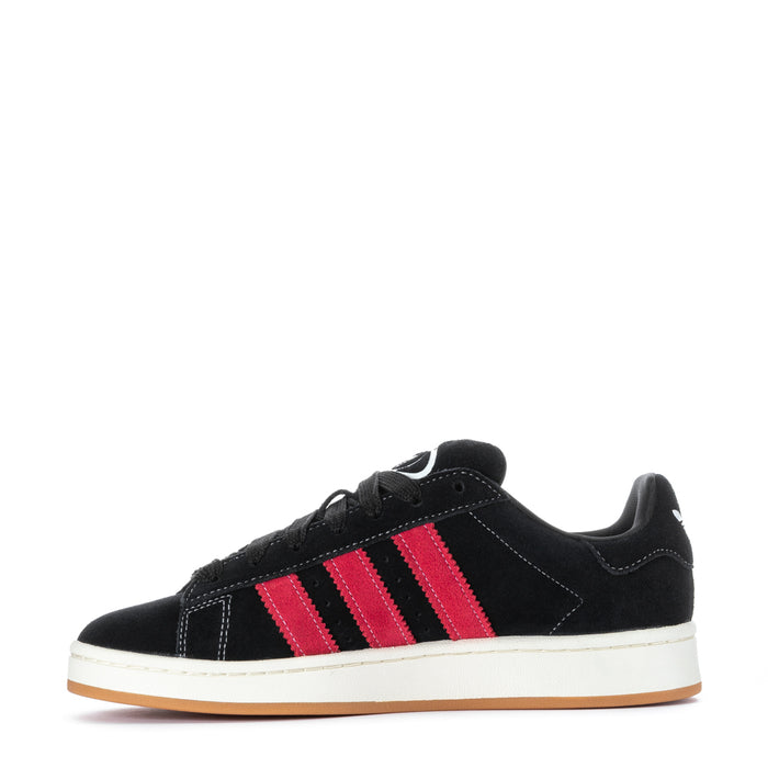 Men's black low-top sneakers with red-and-white three stripes and lace-up design