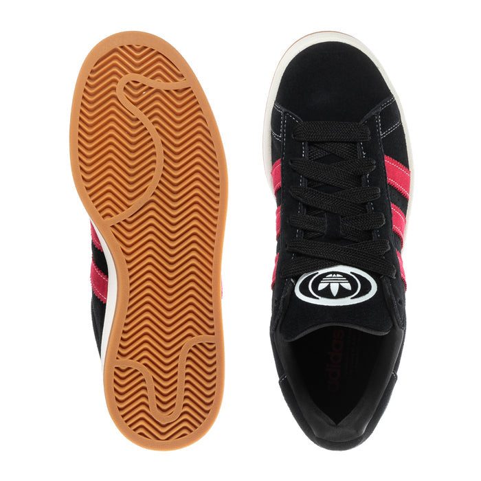 Men's black sneakers showing gum outsole and heel logo with red stripe details