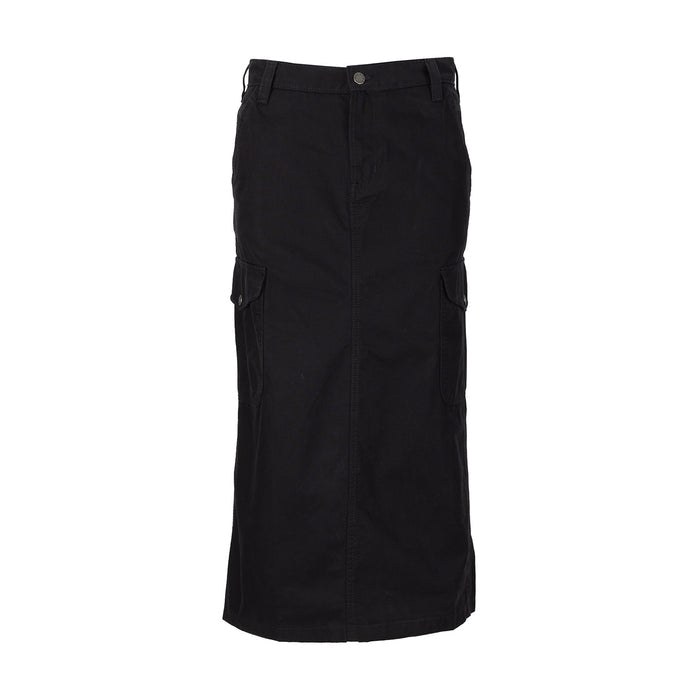 Black canvas cargo skirt for women, front view, button waist and side cargo pockets.