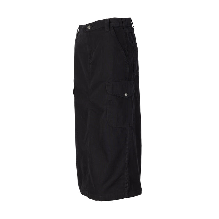 Black canvas cargo skirt for women, side view with flap cargo pocket and belt loops.