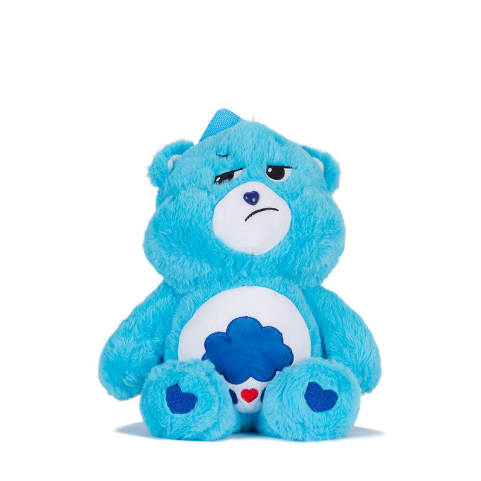 Blue plush bear backpack with face front and heart detail