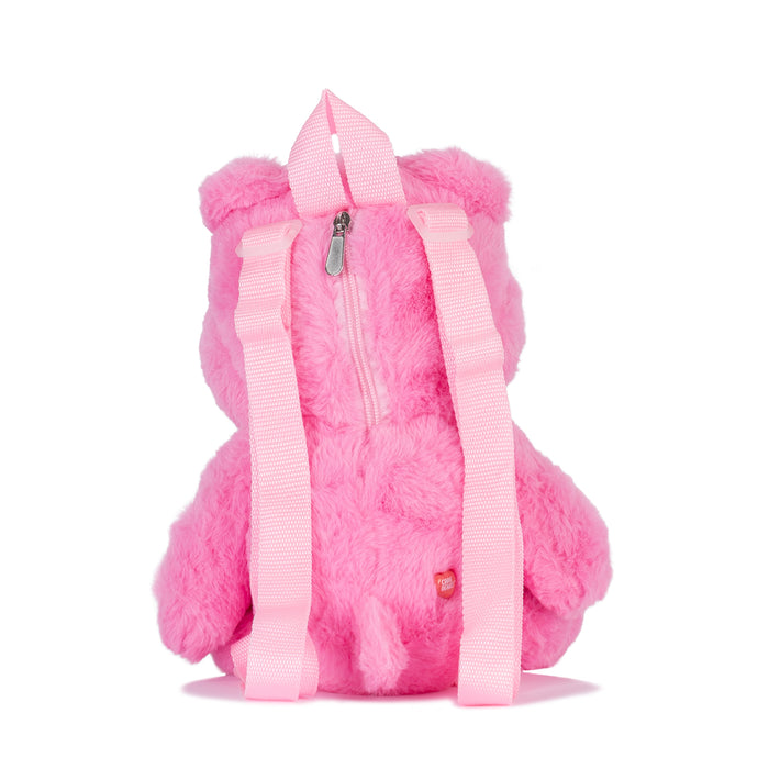 Pink plush bear backpack with zip front and adjustable shoulder straps