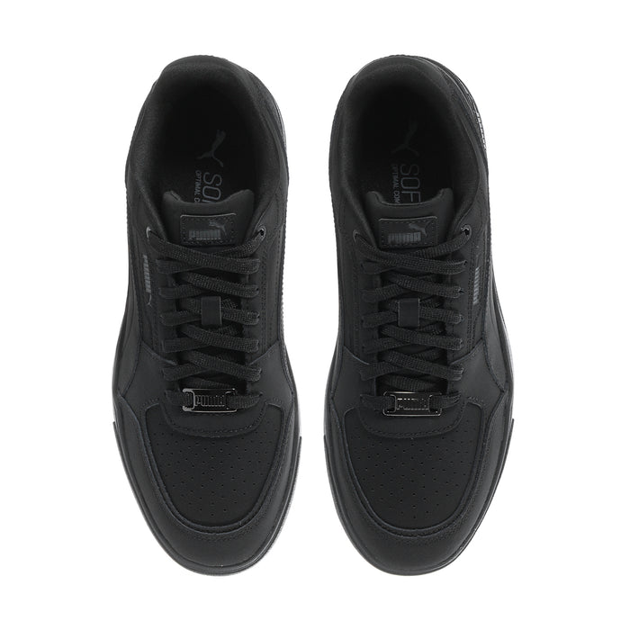 Men's black Puma low-top sneakers, front view with lace-up and perforated toe