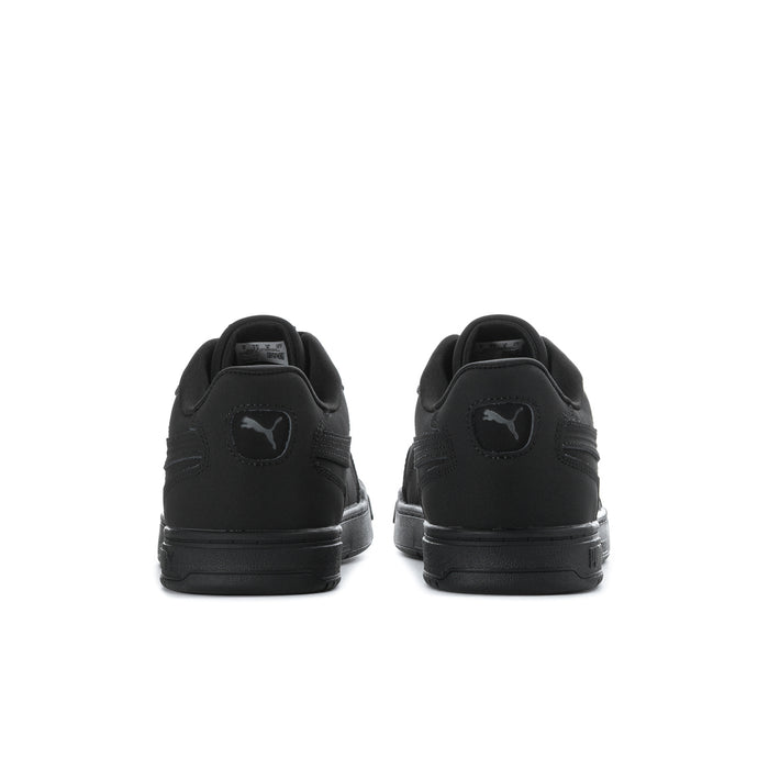 Men's black Puma low-top sneakers, rear view with heel tabs and logo details