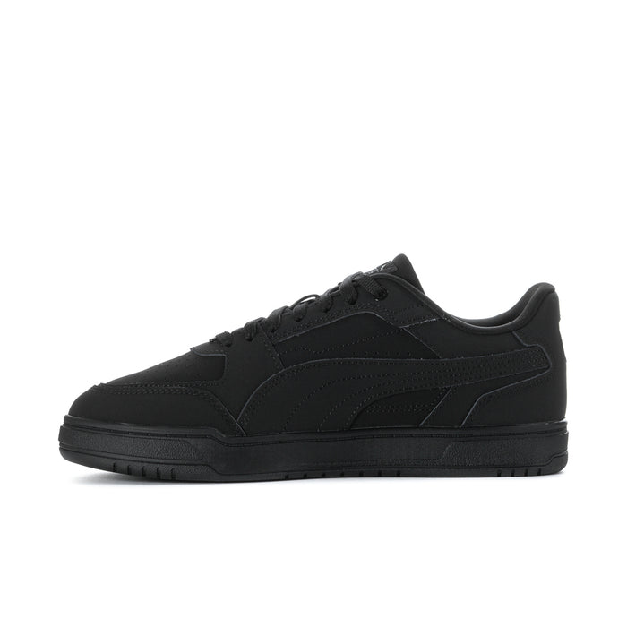 Men's black Puma low-top sneakers, front-side view, lace-up and stitched overlays