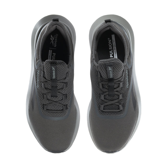 Pair of men's Reebok mesh sneakers, dark grey with perforated panels and lace-up