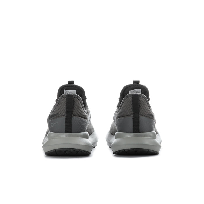 Men's Reebok sneakers heel view, dark grey uppers with white midsole and rear pull tab