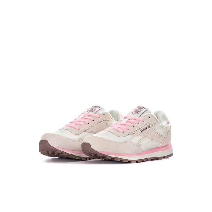 Kids' Reebok Classic AZ sneakers, front 3/4 view, chalk upper with pink accents