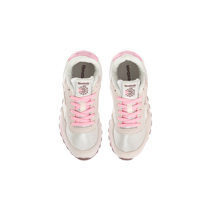 Kids' Reebok sneakers with pink lace details, tongue and inner lining close-up