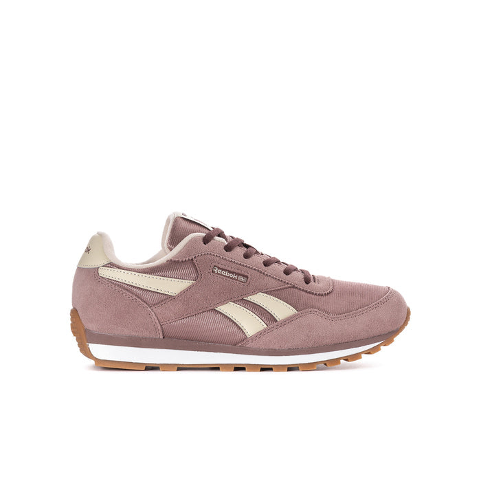 Youth mauve suede sneaker with cream stripes, burgundy laces, and gum sole
