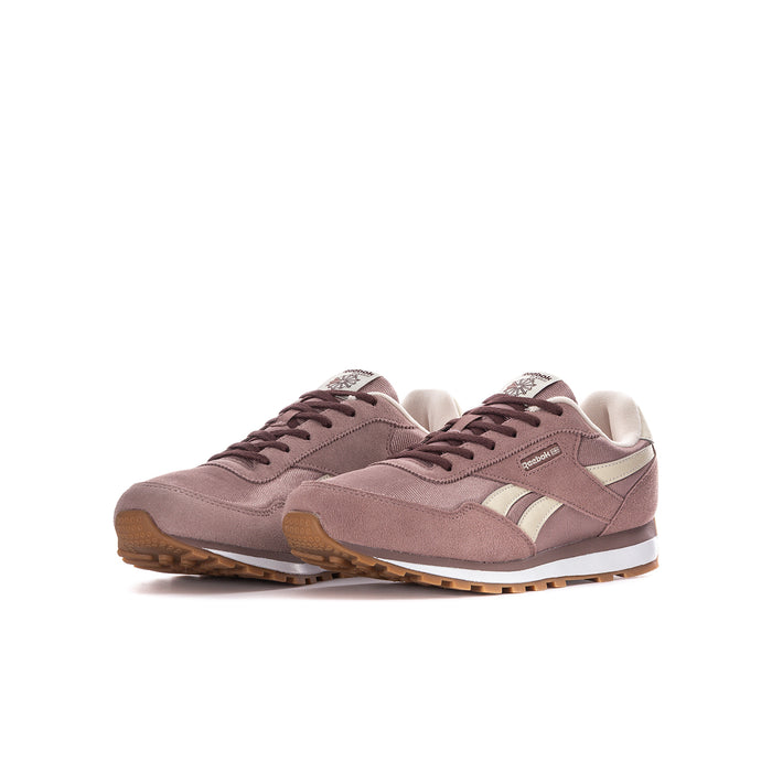 Youth mauve suede low-top sneaker, cream side stripes, burgundy lace-up