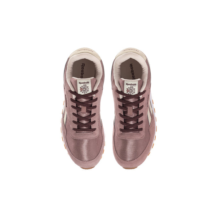 Reebok youth mauve sneaker with cream tongue label and burgundy lace-up