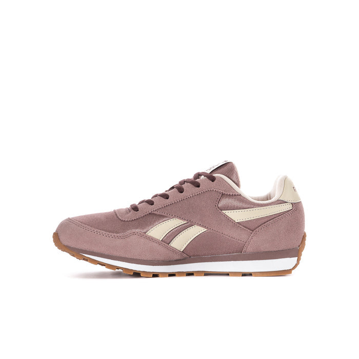 Youth mauve suede sneaker side view with cream stripes and burgundy laces