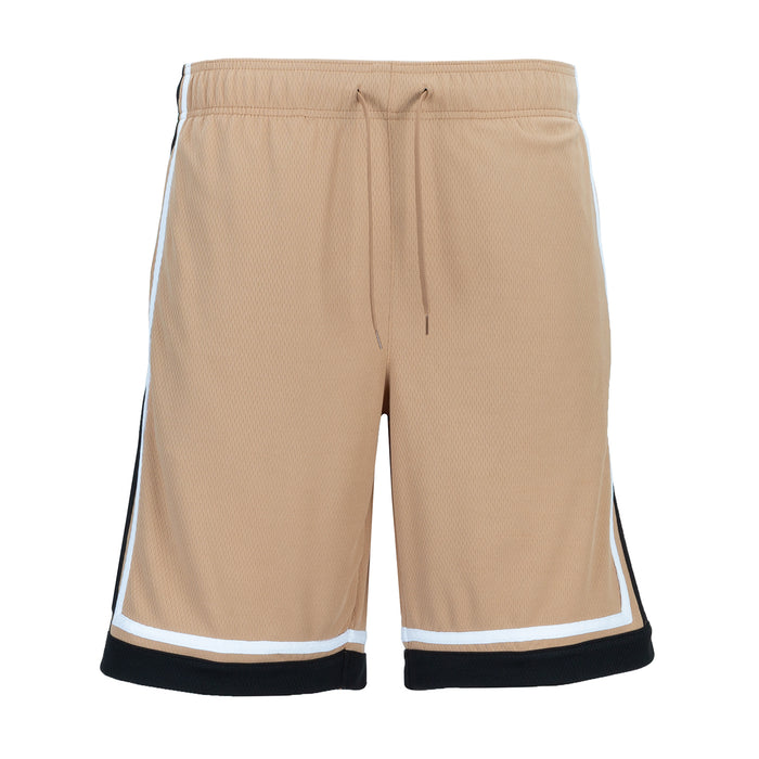 Men's basketball shorts in hemp tan with drawstring, white trim, and black side accents