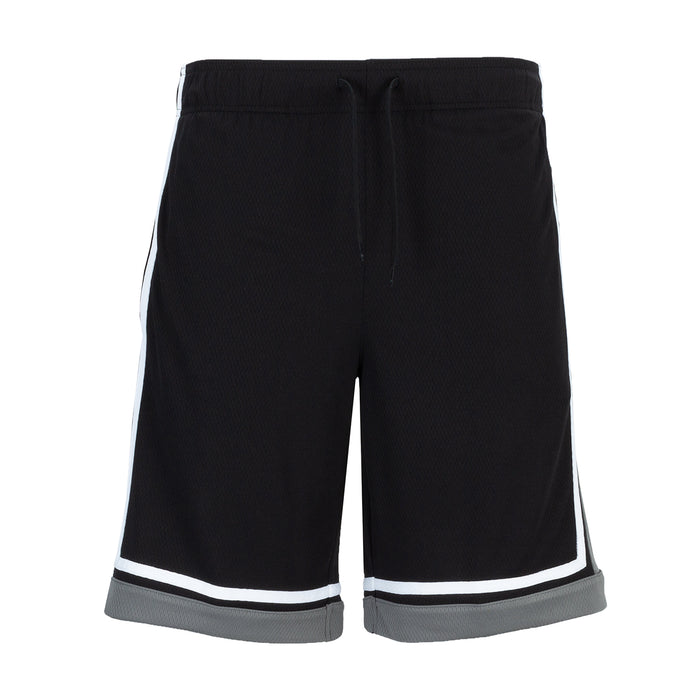 Men's black basketball shorts with drawstring; white/gray stripe at hem.