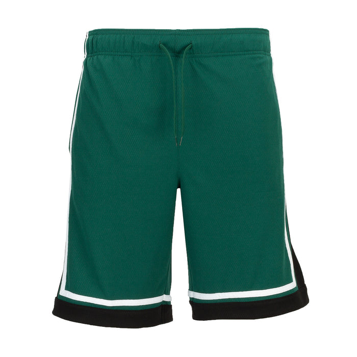 Men's green basketball shorts with black hem and white contrast trim, drawstring waist