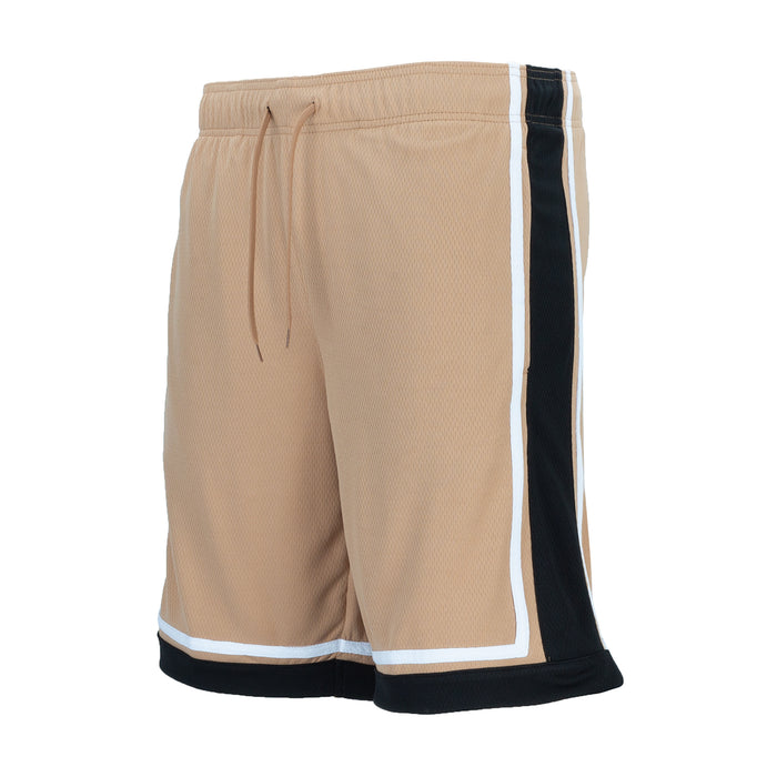 Men's hemp tan basketball shorts with drawstring, black side stripe, and white edge trim