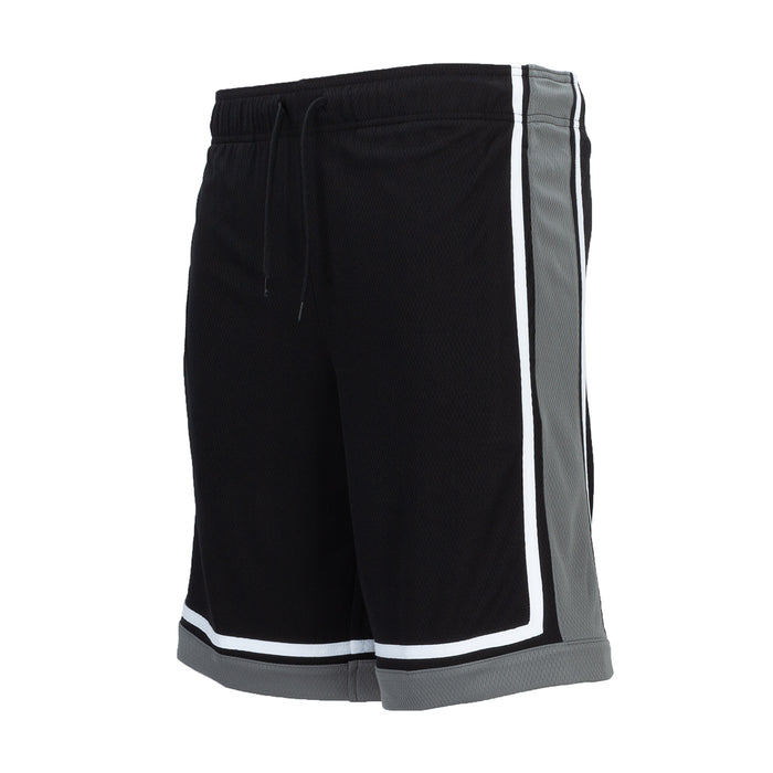 Men's black basketball shorts with side white stripe and gray cuffs; drawstring waist.