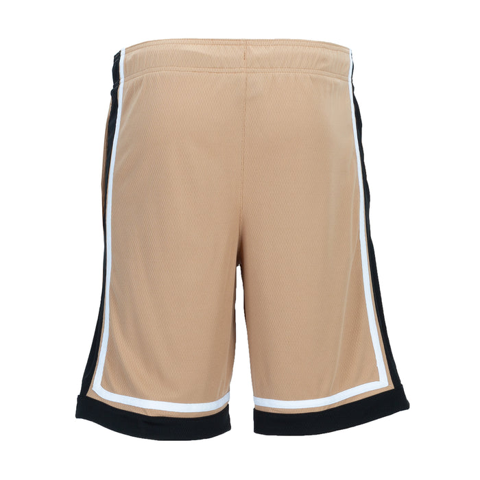 Men's basketball shorts in hemp tan with drawstring, black side panels, and white hem trim
