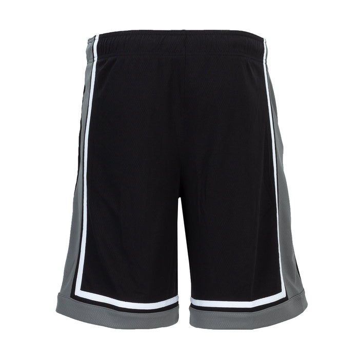 Men's black basketball shorts with white side stripes and gray hem cuffs.